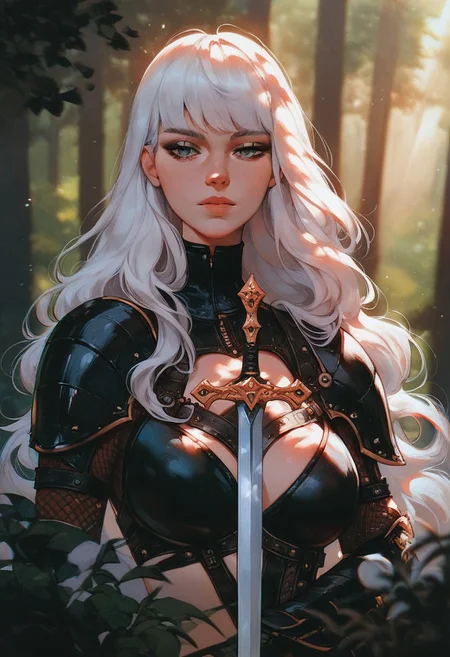 score_9, score_8_up, score_7_up, score_6_up, VitWaterStyle, 1girl, beautiful, white hair, long hair, bangs, fair skin, big breasts, leather armor, sword, forest, dappled sunlight, upper body, looking at viewer