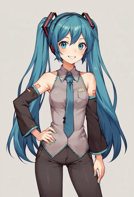 score_9, score_8_up, score_7_up, source_anime, BREAK, solo, 1girl, <lora:DDLC-pdxl_Fp:0.8>, hatsune miku, standing, smile, simple background, looking at viewer, hand on own hip, detached sleeves,