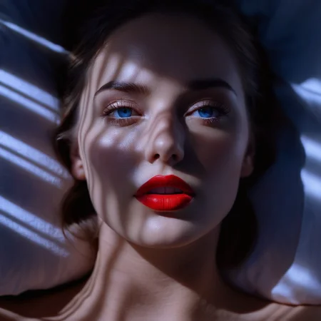 breathtaking, <lora:casting shadow style v2:1>
From above, A cucoloris patterned illumination casting a window shadow on a red lips woman laying in bed with her head on her hands,1girl,solo,blue eyes,lying,parted lips,on back,blurry,realistic,cinematic,film,filmic,casting shadow,venetian blinds casting shadow light,shadow on face,face partially covered in shadow,different shadow,window casting shadow light,cinematography,detailed,detailed background,detailed face,high quality,8k,cuculoris,kookaloris,cookaloris or cucalorus,light modifier,different light pattern,creative light,unique shadow , casting shadow style, award-winning, professional, highly detailed