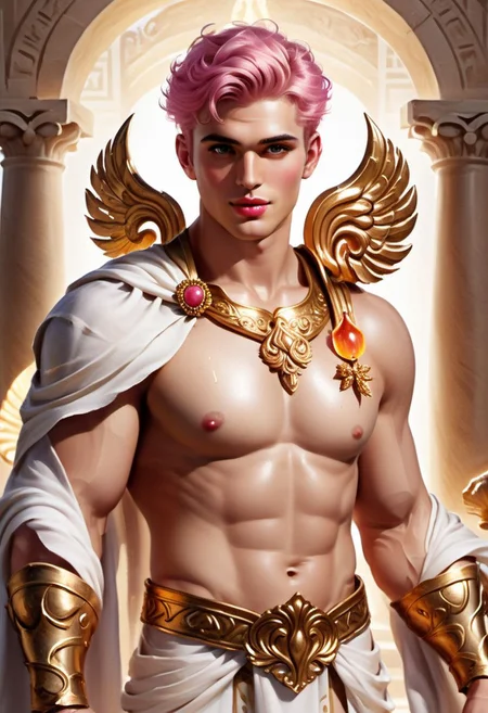 4k, digital art, semi realistic, fantasy, best quality, masterpiece, very detailed, wide camera angle, dynamic camera angle, dynamic pose, portrait of a muscular male, 20 years old, masculine, friendly, seductive, pale skin, pastel pink hair, short hair, smooth face, round face, gorgeous, happy, plumped lips, puffy lips, big lips, big eyes, videogame eyes, defined eyes, defined eyebrows, pink nipples, greek god, wearing a flowy white tunic with a golden laurel, holding a mirror, standing on a temple with a big seashell, ancient greece, daylight on the background, (cinematic light, volumetric), splash art