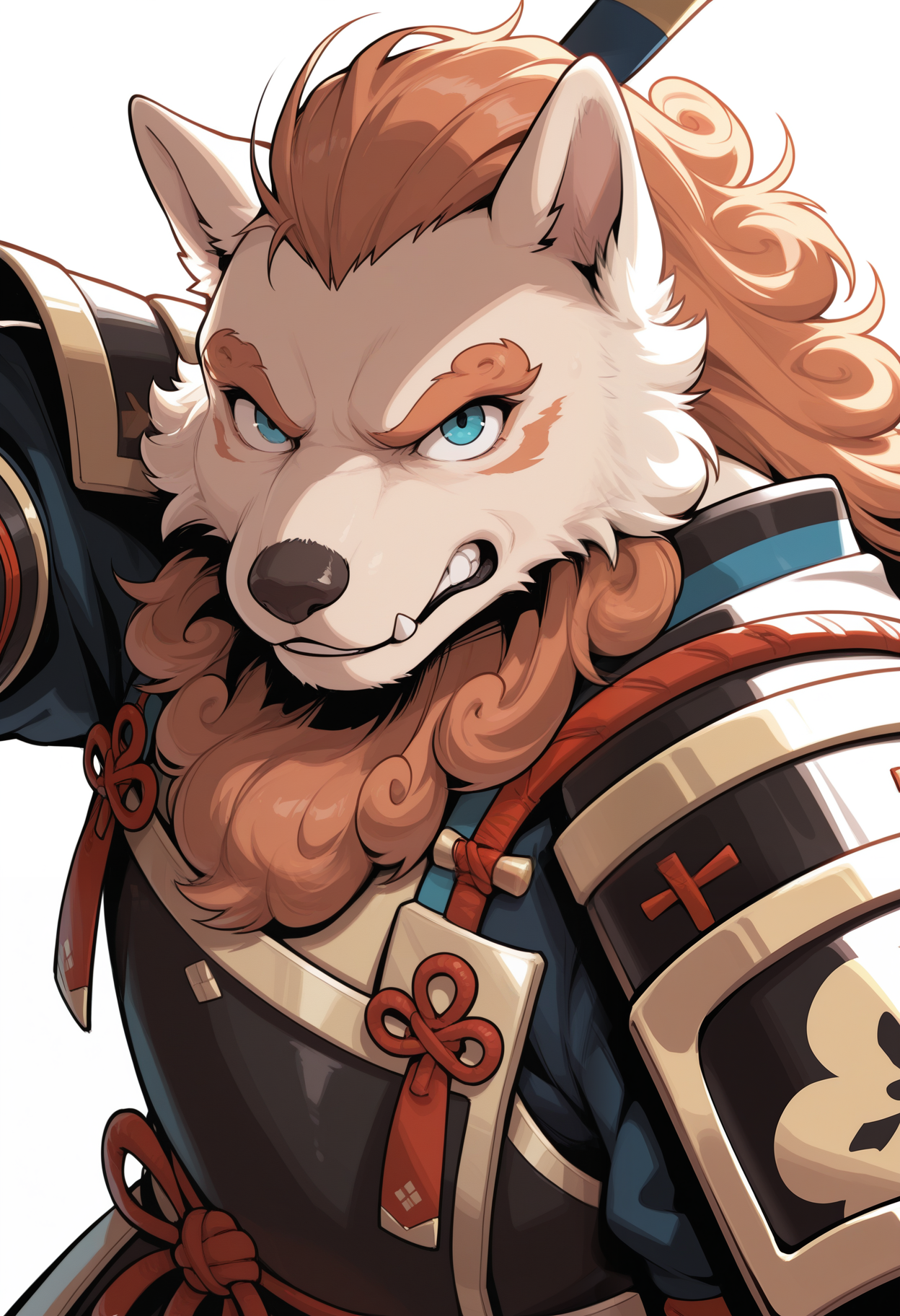 masterpiece,best quality,amazing quality, 1boy, solo, 1boy,t0y0, dog boy, samurai clothes, armor, close up, side angle, angry,