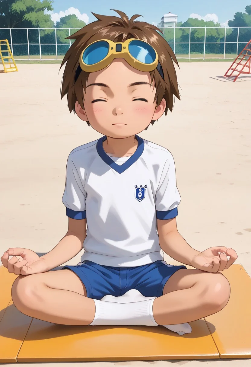 score_9, score_8_up, score_7_up, zPDXL2,
,
1boy, solo, goggles on head, brown hair, jyojifuku, white shirt, short sleeves, shorts, gym uniform,playground,hud_m3dit4tion, indian style, sitting, on floor, , , facing viewer, , closed eyes,