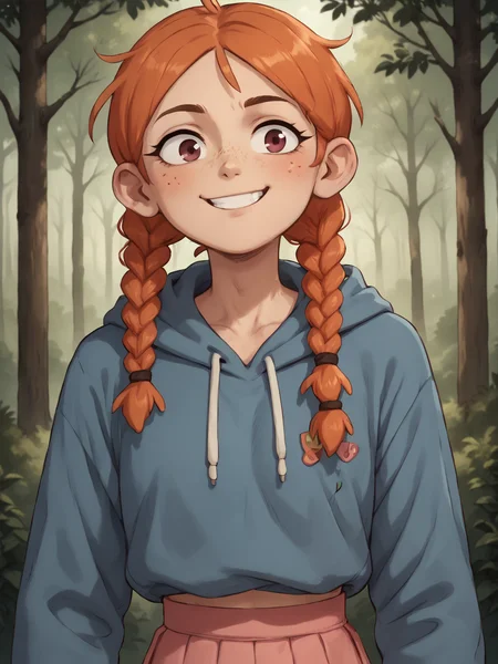 score_9, score_8_up, score_7_up, score_6_up, BREAK, AmphiMaggie, orange hair, braid, twin braids, freckles, 1girl, solo, smile, long sleeves, pink skirt, pleated skirt, blue hoodie, hood down, upper body, in the forest, looking at viewer <lora:Amphibia_Maggie:1> <lora:DetailedPerfect_hands_r1:0.6>