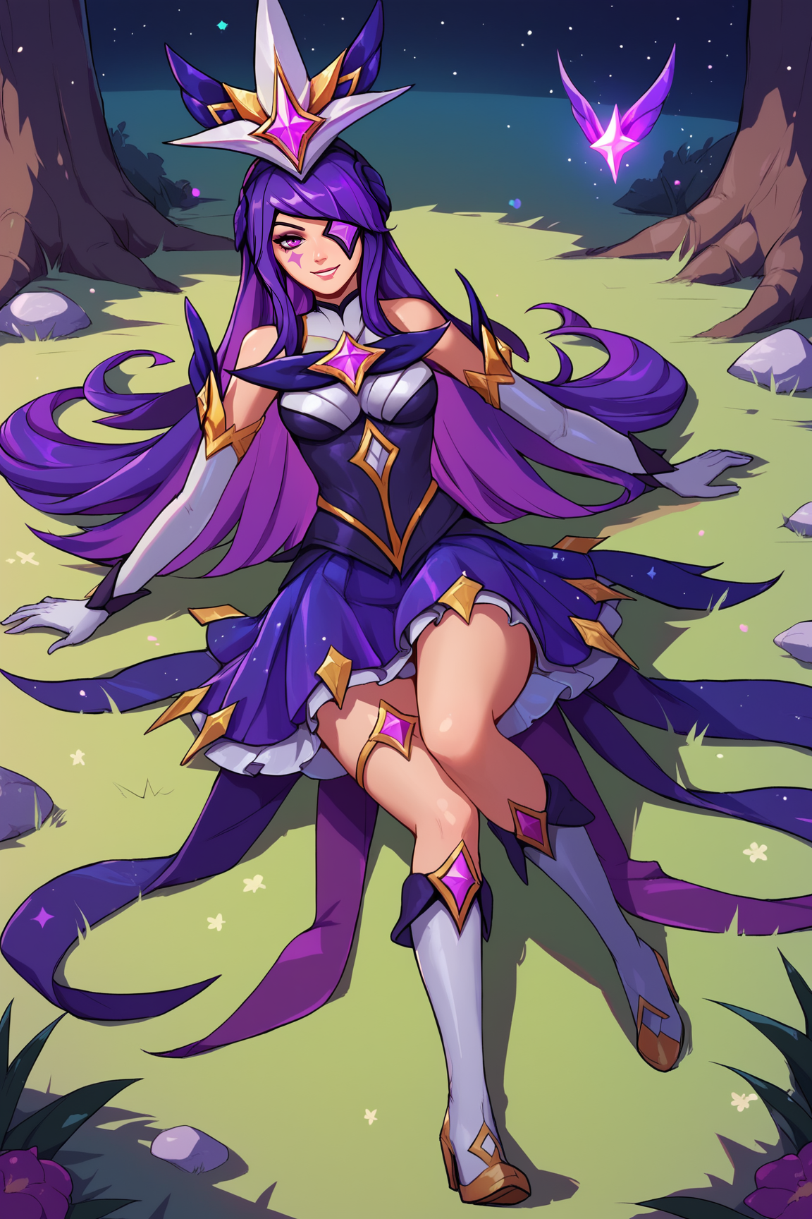 score_9, score_8_up, score_7_up, score_6_up, BREAK, SyndraSGXL, facial mark, purple eye, eyepatch, purple hair, long hair, sidelocks, bangs, hair ornament, medium breasts, star, (symbol), star guardian (league of legends), bare shoulders, purple dress, white elbow gloves, purple skirt, , white thighhighs, white boots, solo, full body, lying on grass, seductive smile, looking at viewer, forest, tree  <lora:SyndraSGXL:0.9>