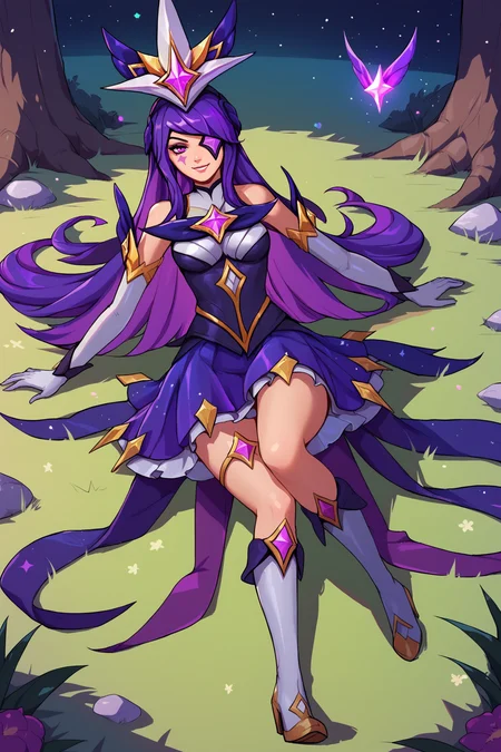 score_9, score_8_up, score_7_up, score_6_up, BREAK, SyndraSGXL, facial mark, purple eye, eyepatch, purple hair, long hair, sidelocks, bangs, hair ornament, medium breasts, star, (symbol), star guardian (league of legends), bare shoulders, purple dress, white elbow gloves, purple skirt, , white thighhighs, white boots, solo, full body, lying on grass, seductive smile, looking at viewer, forest, tree <lora:SyndraSGXL:0.9>