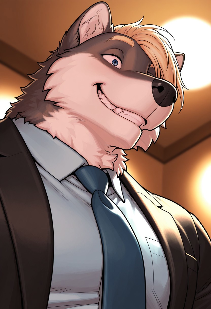 taylor_(meesh), wolf boy, furry, solo, grin, blue eyes, muscular, dynamic angle, face focus, portrait, black suit, blue shirt, blue necktie, open jacket, BREAK masterpiece, best quality, amazing quality, very aesthetic, high resolution, 4K, extremely-detailed, depth of field, separate focus, newest, detailed background, detailed fur, detailed muscles, cinematic lighting