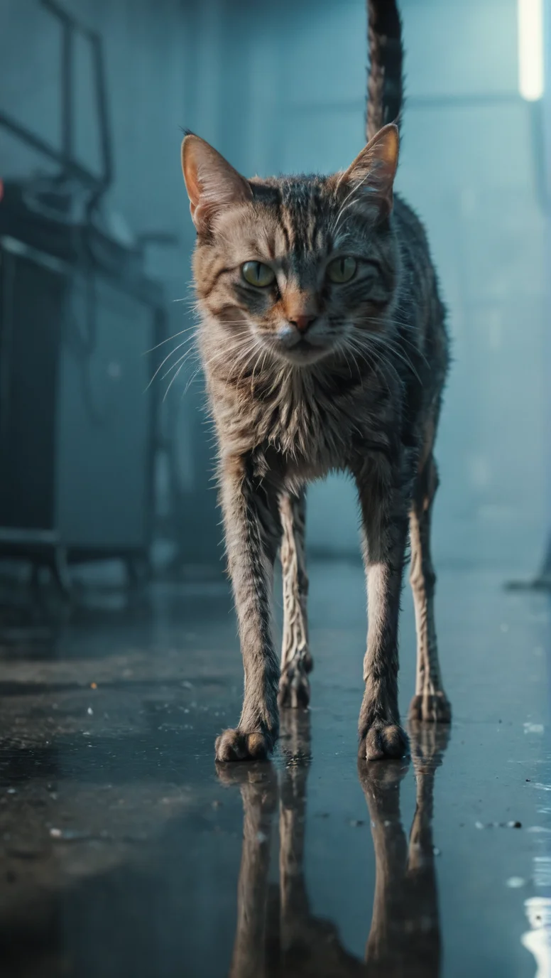 Highly detailed photo of an aggressive cat with ((Long legs:1.9)),  uhd, 8k, ultra realistic, sunny, high contrast, (cold colors), damp, moist, intricate details, shallow depth of field, [volumetric fog], cinematic lighting, reflections, photographed on a Canon EOS R5, 50mm lens, F/2.8, HDR, 8k resolution, cinematic film still from cyberpunk movie