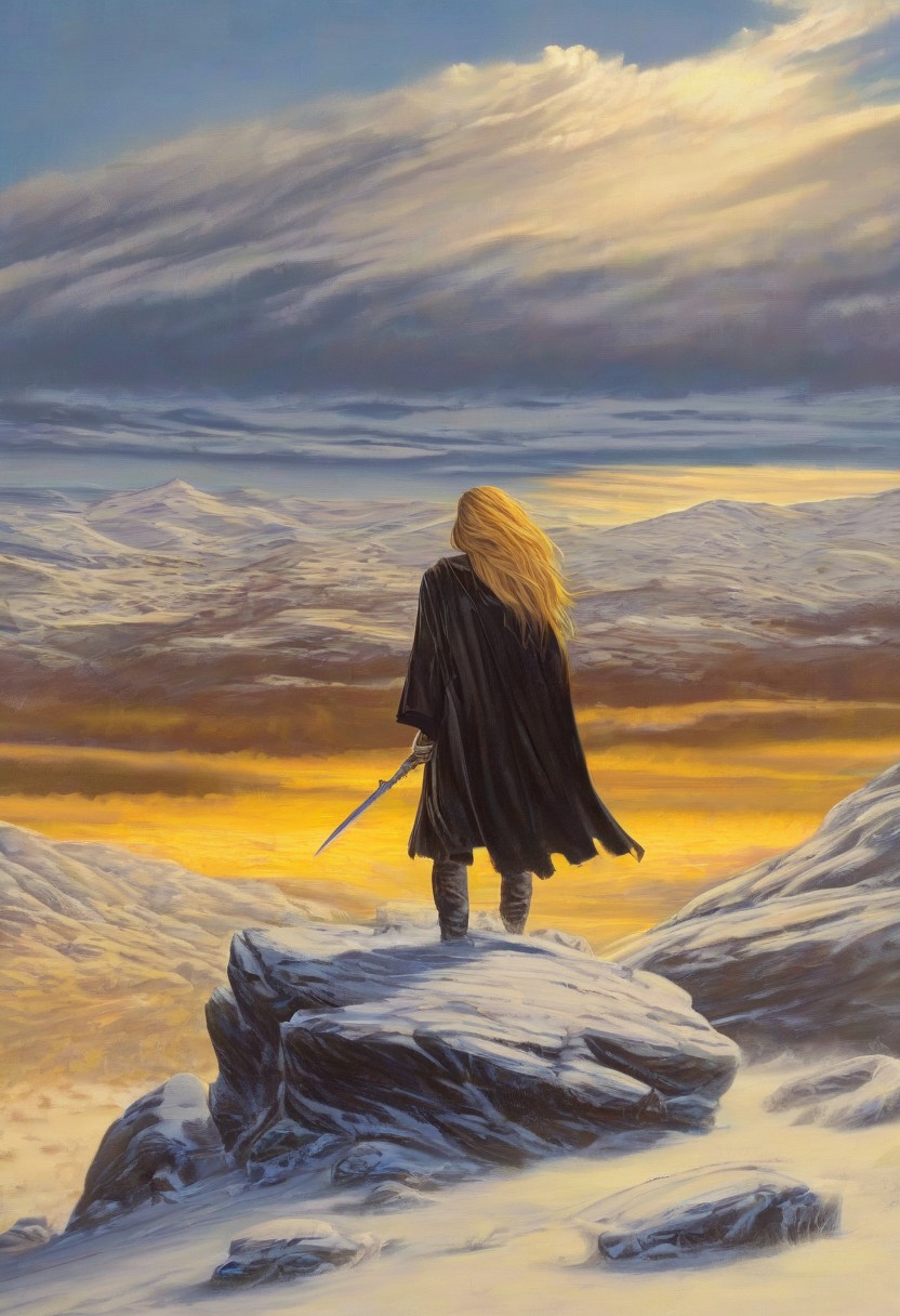 1woman, blonde hair, the grim reaper, facing away, rocky hill, standing, robe blowing in the wind, clouds, sky, sunset, stars, cosmic, in meditation, ultra detailed landscape, bright yellow, energy surrounding surrounding him, volumetric lighting, ultra detailed clothes, ultra detailed body, ultra detailed hair, a city made of blue crystals is on fire in the distance, serenity, holding a sword,
by Natalia Rak and Barclay Shaw in the style of Jessica Rossier,  <lora:EnvyAnimeWatercolorXL02:0.60> ,   Elmore_Style_LX <lora:Elmore_Style_LX-000011:0.60>