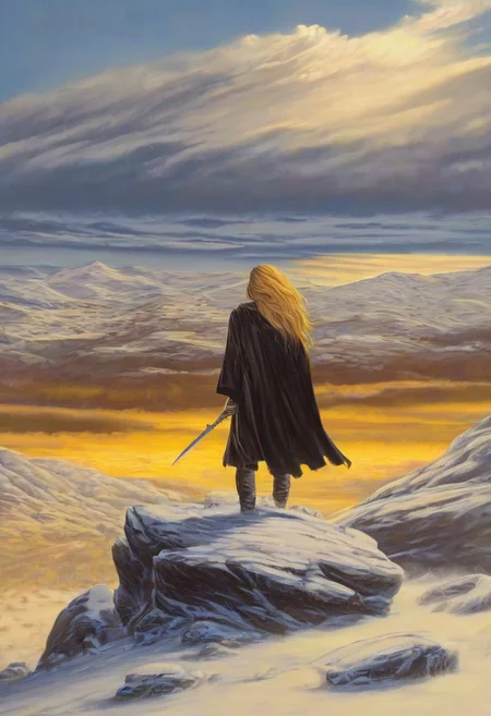 1woman, blonde hair, the grim reaper, facing away, rocky hill, standing, robe blowing in the wind, clouds, sky, sunset, stars, cosmic, in meditation, ultra detailed landscape, bright yellow, energy surrounding surrounding him, volumetric lighting, ultra detailed clothes, ultra detailed body, ultra detailed hair, a city made of blue crystals is on fire in the distance, serenity, holding a sword,
by Natalia Rak and Barclay Shaw in the style of Jessica Rossier, <lora:EnvyAnimeWatercolorXL02:0.60> , Elmore_Style_LX <lora:Elmore_Style_LX-000011:0.60>