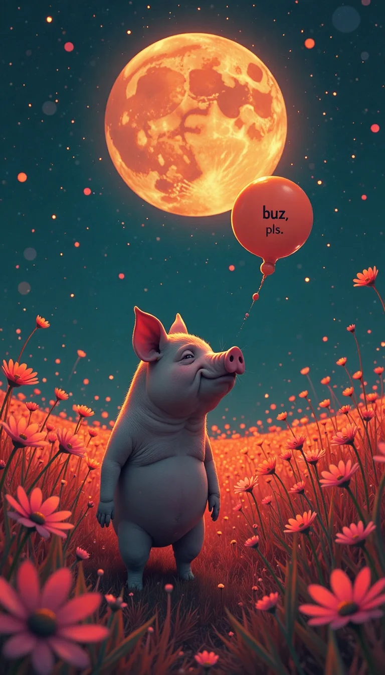 (stylized by Karel Zeman:1.1) and (Nuri Bilge Ceylan:1.3) , awardwinning Photograph, fairy tale, eye-level shot of a dark orange (.cr2, anime artwork: sad pig talks, bubbles say 'buzz pls', anime style, key visuals, full of vitality, studio anime, very detailed:1.3) , insane details, simple dark red and Pink background, Alabaster space and flower field, Moon in the night, Bokeh, fantastical, inventive, Czech cinema, Vivid, silhoutted against bright lightsource, Cinestill, Fuji superi400, pov, Kinemacolor, cosmic energy, layered textures, High quality, extremely hyper aesthetic