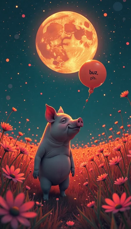(stylized by Karel Zeman:1.1) and (Nuri Bilge Ceylan:1.3) , awardwinning Photograph, fairy tale, eye-level shot of a dark orange (.cr2, anime artwork: sad pig talks, bubbles say 'buzz pls', anime style, key visuals, full of vitality, studio anime, very detailed:1.3) , insane details, simple dark red and Pink background, Alabaster space and flower field, Moon in the night, Bokeh, fantastical, inventive, Czech cinema, Vivid, silhoutted against bright lightsource, Cinestill, Fuji superi400, pov, Kinemacolor, cosmic energy, layered textures, High quality, extremely hyper aesthetic