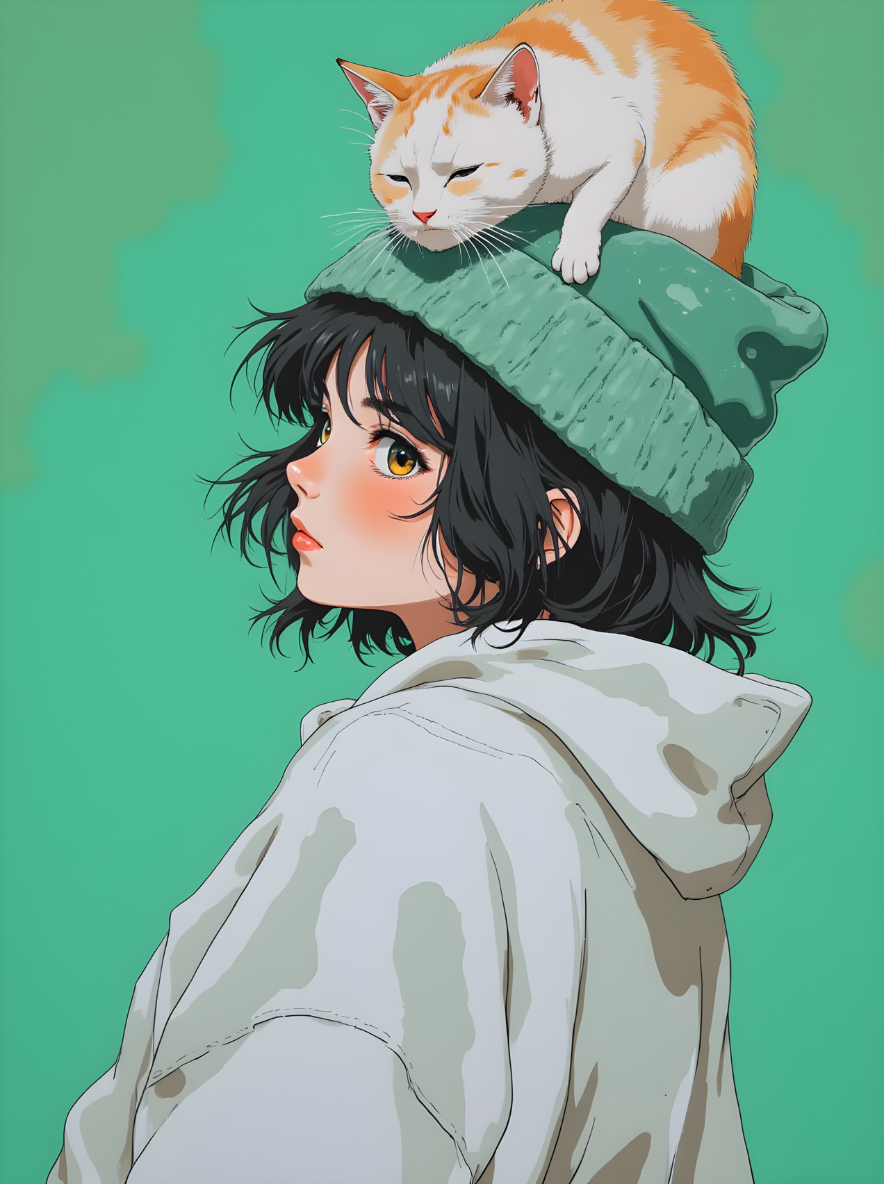 Charming and whimsical illustration of a person with a cat perched on their head. The individual has short, dark hair that frames their face, adding to the overall sense of movement and texture. They are wearing a light-colored jacket with a hood, which complements the soft and relaxed atmosphere of the scene.
The cat is depicted in a realistic style, with its fur rendered in shades of orange and white. It is sitting comfortably on the person's head, with its paws resting on the hood of the jacket. The cat's expression is calm and content, with its eyes closed and a slight smile on its lips, suggesting a moment of quiet companionship.
The background is a solid, light green color, which helps to draw attention to the subjects and enhances the overall mood of the image. The lighting is soft and even, highlighting the texture of the person's clothing and the details of the cat's fur.
Overall, this illustration captures a moment of quiet beauty and connection, with the combination of the person's attire, the soft lighting, and the detailed rendering creating a visually engaging and emotionally resonant scene. The use of color and composition adds depth and character to the artwork, making it a powerful and evocative piece. No Text or signatures on the image.
j_art, anime, anime art, <lora:FLUX\jul\J_Anime:1.0>, <lora:FLUX\Anime Art V3:0.1>, <lora:FLUX\RM_Artistify_v1.0M:0.1>, <lora:FLUX\RetroAnimeS1.1:0.1>