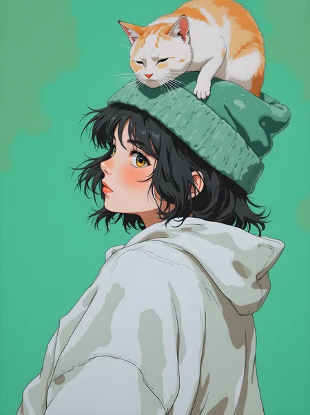 Charming and whimsical illustration of a person with a cat perched on their head. The individual has short, dark hair that frames their face, adding to the overall sense of movement and texture. They are wearing a light-colored jacket with a hood, which complements the soft and relaxed atmosphere of the scene.
The cat is depicted in a realistic style, with its fur rendered in shades of orange and white. It is sitting comfortably on the person's head, with its paws resting on the hood of the jacket. The cat's expression is calm and content, with its eyes closed and a slight smile on its lips, suggesting a moment of quiet companionship.
The background is a solid, light green color, which helps to draw attention to the subjects and enhances the overall mood of the image. The lighting is soft and even, highlighting the texture of the person's clothing and the details of the cat's fur.
Overall, this illustration captures a moment of quiet beauty and connection, with the combination of the person's attire, the soft lighting, and the detailed rendering creating a visually engaging and emotionally resonant scene. The use of color and composition adds depth and character to the artwork, making it a powerful and evocative piece. No Text or signatures on the image.
j_art, anime, anime art, <lora:FLUX\jul\J_Anime:1.0>, <lora:FLUX\Anime Art V3:0.1>, <lora:FLUX\RM_Artistify_v1.0M:0.1>, <lora:FLUX\RetroAnimeS1.1:0.1>