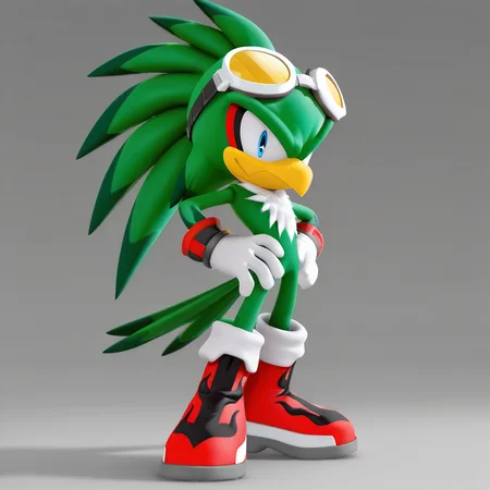 <lora:Jet_the_Hawk_Sonic_Riders_-_Illustrious:1> Jet the hawk, 1boy, googles on head, boots, gloves, from side, looking at viewer, eyes half closed, smirk, hands on own hips, dark shadows, 3d, masterpiece, masterwork