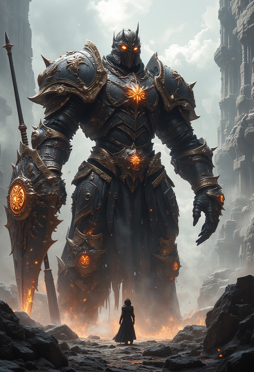 "A massive, towering dark-armored warrior stands in a desolate, rocky landscape, exuding an imposing and ominous presence. The figure wears intricately detailed black armor with glowing orange and gold accents, giving off a molten, otherworldly energy. His large, spiked helmet covers his face, leaving only glowing orange eyes visible. In his right hand, he wields an enormous spear, and in his left, a massive, jagged shield adorned with the same glowing orange patterns, pulsating with power.
Standing at the foot of this giant is a lone, smaller figure, also clad in dark, medieval-inspired armor with a long flowing cape, looking up at the colossal being with a mix of awe and defiance. The landscape around them is composed of jagged cliffs and ruins, with ancient, gothic-style towers rising in the background under a pale, cloudy sky. Dust and debris swirl around the scene, adding a sense of grandeur and scale. The scene is bathed in dark shadows and glowing embers, giving it a high-fantasy, apocalyptic atmosphere with a futuristic edge."