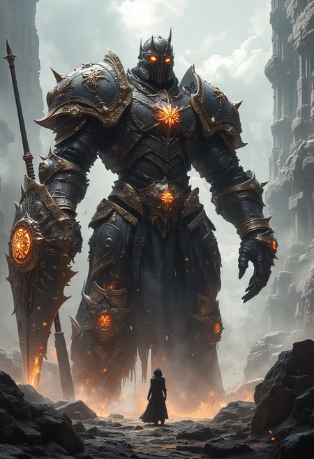 "A massive, towering dark-armored warrior stands in a desolate, rocky landscape, exuding an imposing and ominous presence. The figure wears intricately detailed black armor with glowing orange and gold accents, giving off a molten, otherworldly energy. His large, spiked helmet covers his face, leaving only glowing orange eyes visible. In his right hand, he wields an enormous spear, and in his left, a massive, jagged shield adorned with the same glowing orange patterns, pulsating with power.
Standing at the foot of this giant is a lone, smaller figure, also clad in dark, medieval-inspired armor with a long flowing cape, looking up at the colossal being with a mix of awe and defiance. The landscape around them is composed of jagged cliffs and ruins, with ancient, gothic-style towers rising in the background under a pale, cloudy sky. Dust and debris swirl around the scene, adding a sense of grandeur and scale. The scene is bathed in dark shadows and glowing embers, giving it a high-fantasy, apocalyptic atmosphere with a futuristic edge."