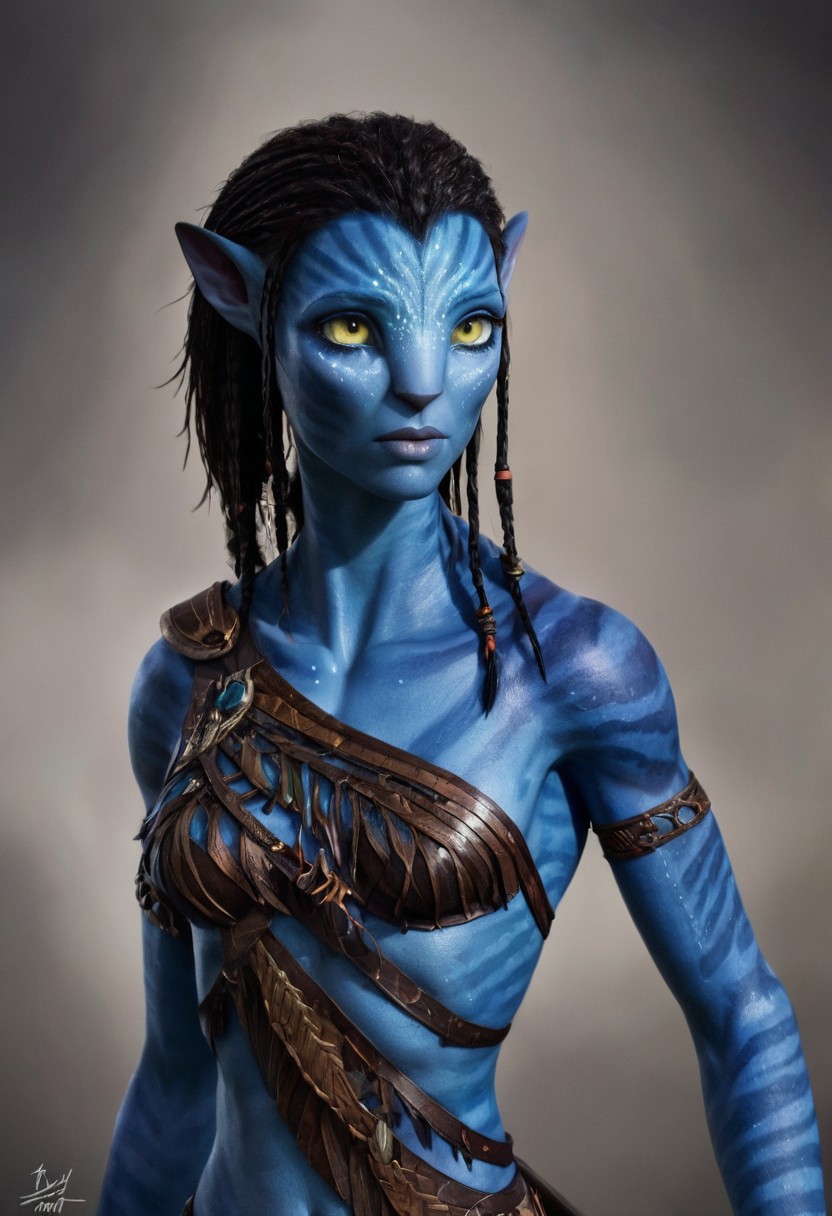 female Avatar navi alien with blue skin, dynamic, moody, shadows, dark, sinister, highly detailed, natural bark armor breastplate, digital painting, artstation, concept art, smooth, sharp focus