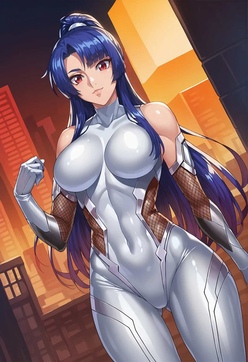 ,yatsu_murasaki,scrore_9,score_8_up,score_7_up,cityscape,1girl,solo,dynamic angle,ymia,bodysuit,fishnets,gloves,covered navel,taimanin suit,high ponytail,elbow gloves,skin tight,impossible clothes,impossible bodysuit,smile
<lora:murasaki_pony_V1-000020:0.8>