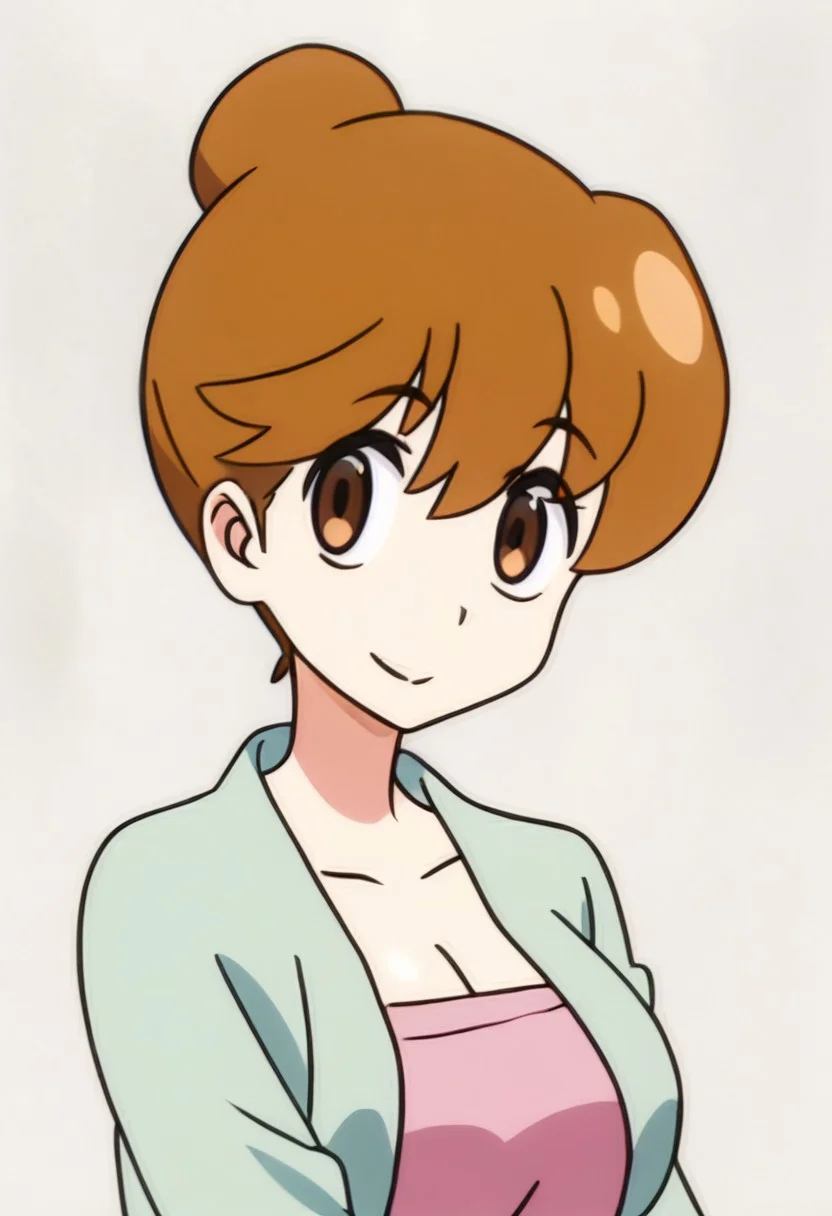 score_9, score_8_up, score_7_up, best quality, masterpiece, anime screencap, anime coloring, 1girl, solo, looking at viewer, mankanshoku sukuyo, 1girl, solo, smile, single hair bun, brown eyes, looking at viewer, hair bun, simple background, brown hair, collarbone, white background, bangs, portrait, shirt, short hair, breasts, large breasts, upper body