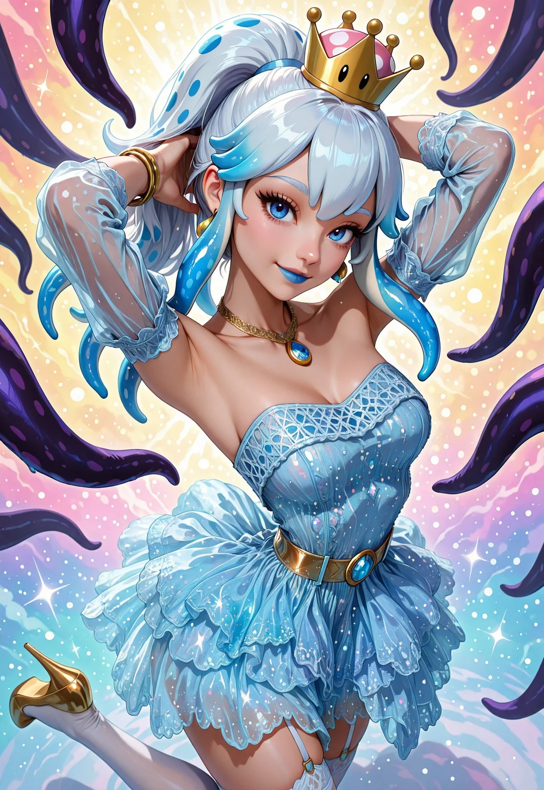 masterpiece, high details, bright colors, vibrant, abstract rainbow magic colors background,
BREAK,
Bloopette, super crown, blue eyes,
(blue and white hair, tentacle hair:1.5, spotted hair:1.4), blue lipstick, blooper iconography,
deltoids, gold necklace, gold earrings, armlet, gold jewelry, jewel armlet, multiple bracelets,
BREAK,
atlr dress, short dress, see-through dress, metallic light blue dress, glitter dress, white frilled skirt,
see-through sleeves, detached sleeves, puffy long sleeves, white sleeves,
gold garter straps, gold belt,
garter straps, lace-trimmed sleeves,
white thighhighs, lace-trimmed thighhighs,
gold lace, gold frills, gold trim,
gold heels,
BREAK,
cowboy shot, looking at viewer, from above, foreshortening, head tilt, one leg up, hands in own hair, arms up, arched back, cute, light smile,