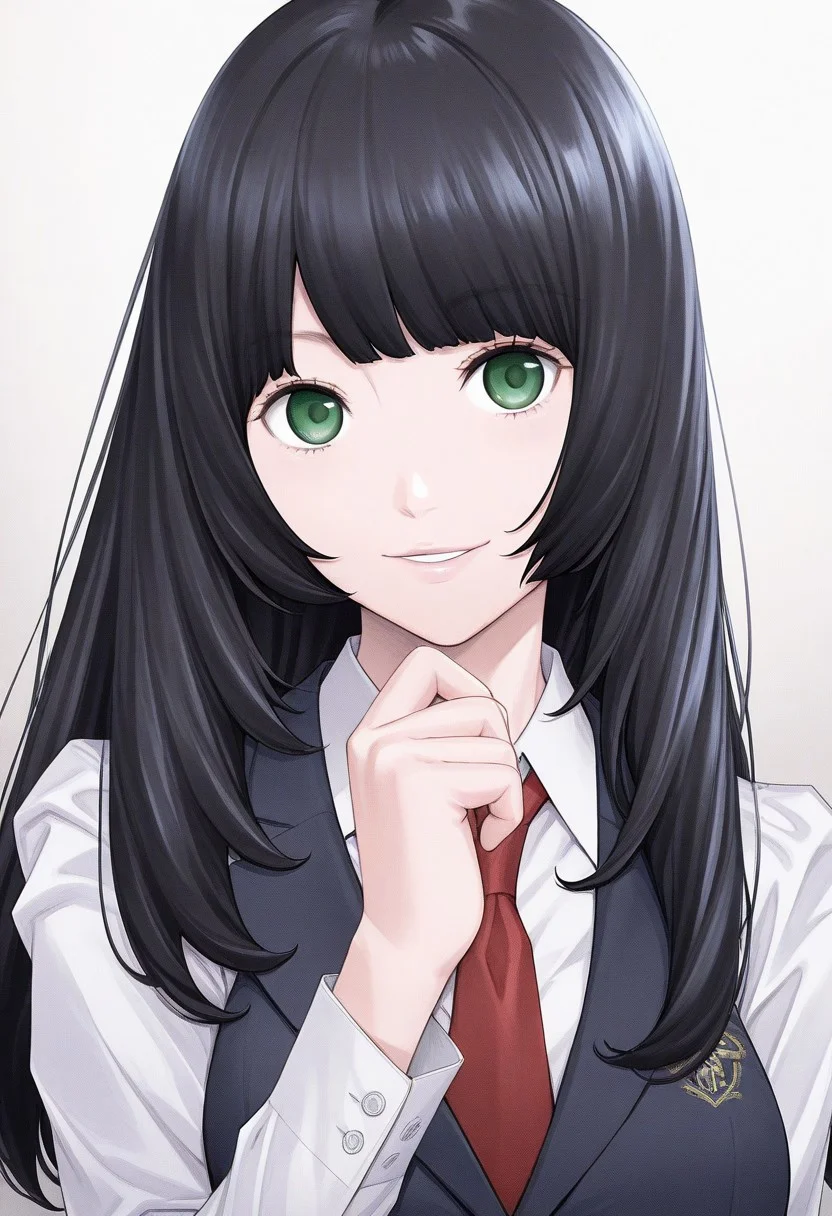 score_9, score_8_up, score_7_up, source_anime,(extremely detailed CG), (best quality), black hair,green eyes,
1girl, solo, looking at viewer, bangs, long hair, necktie,collared shirt, smile, shirt, school uniform, parted lips, blunt bangs, miren,
miren