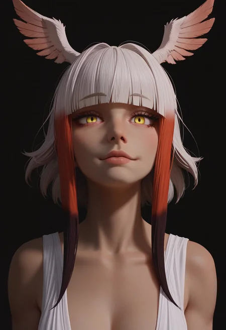 score_9, score_8_up, score_8. score_9, score_8_up, score_7_up, score_6_up, masterpiece, 4k, high quality, (best quality:1.1), ExpressiveH,(close up), face focus
BREAK
1girl, solo, japanese crested ibis (kemono friends), head wings, multicolored hair, two-tone hair, white hair, red hair, long hair, blunt bangs, bangs, sidelocks, yellow eyes, bird tail, tail, medium breasts, light smile, g0dd3ss, white dress, cleavage
BREAK
black background
