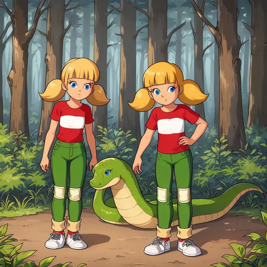 penny_ig, blonde hair, twintails, blue eyes, red shirt, stripe, pants, knee patch, serpent neck, forest, white sneakers