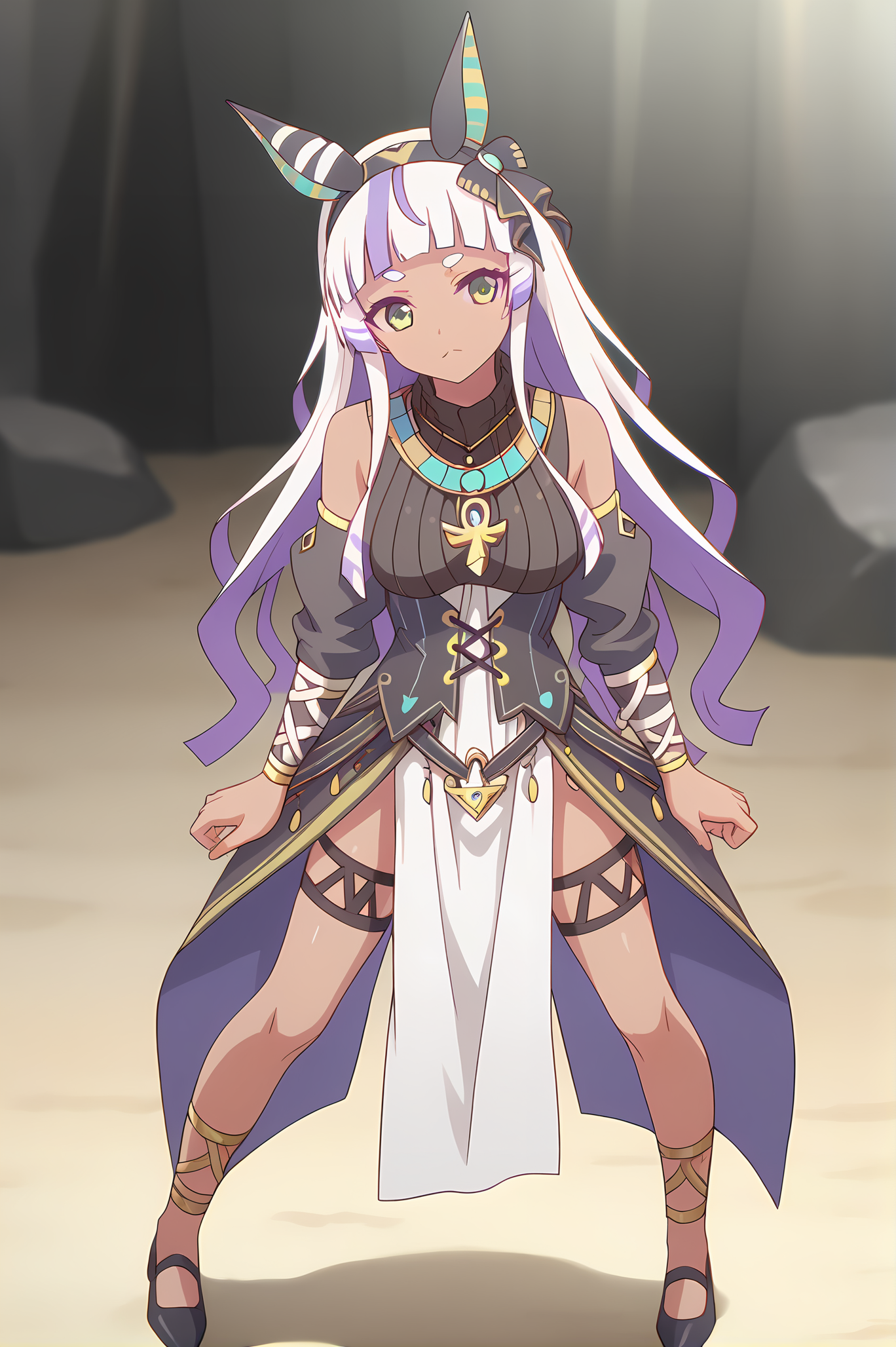 (egyptian clothes:1.20), gg-anubis, necklace, hairband, white hair, multicolored hair, long hair, dark skin, jackal ears, green eyes, medium breasts, 1girl, solo, skinny, score_9, score_8_up, score_8, score_7_up, score_7, score_6_up, score_6, score_5_up, score_5, source_anime, lewd, outdoors, (full body:1.20), (:1.20), , <lora:gg-anubis-V01-000003:0.80>