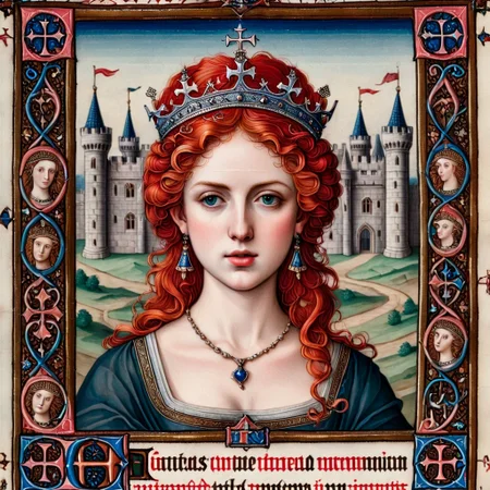 pam-mdvl woman with red hair,wearing a crown, castle background, rectangular frame,texta,highly detailed, dynamic, masterpiece,intricate,hdr