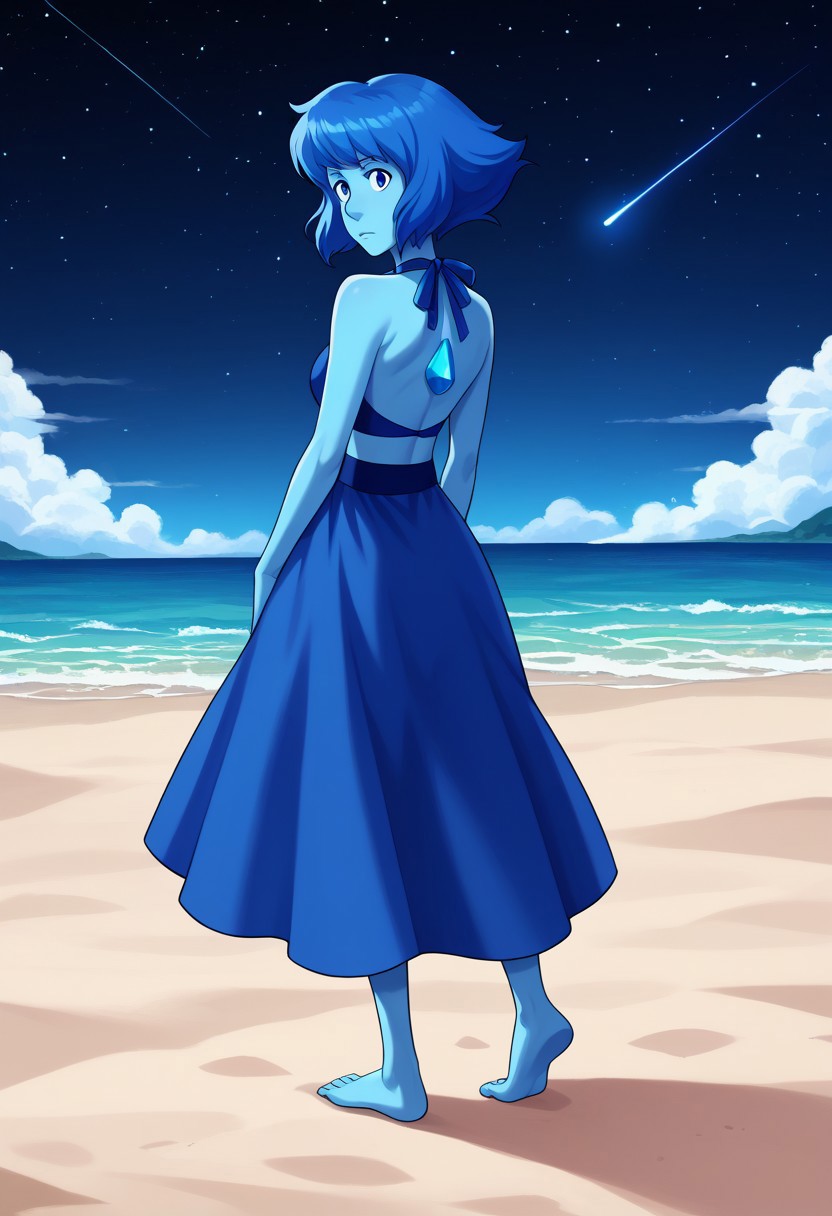 score_9, score_8_up, score_7_up, source anime,
masterpiece, best quality, detailed, amazing quality,
detailed background, night, stars, beach,
detailed eyes, clean eyes,
dynamic pose, full body,
solo, 1woman, woman, 
easynegative, 
lapis lazuli \(steven universe\),
colored skin, blue skin, blue hair, blue eyes, gem on back,
lapis_default, halter top, skirt, barefoot,