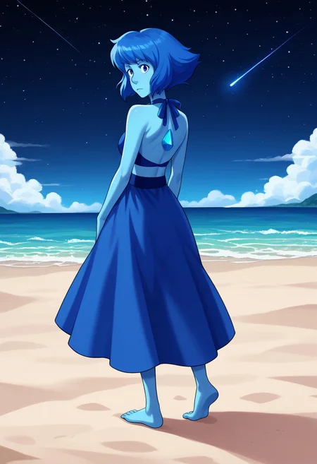score_9, score_8_up, score_7_up, source anime,
masterpiece, best quality, detailed, amazing quality,
detailed background, night, stars, beach,
detailed eyes, clean eyes,
dynamic pose, full body,
solo, 1woman, woman, 
easynegative, 
lapis lazuli \(steven universe\),
colored skin, blue skin, blue hair, blue eyes, gem on back,
lapis_default, halter top, skirt, barefoot,