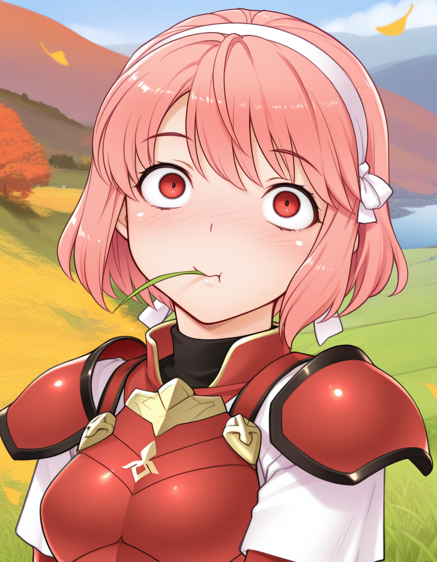(k1r1y4m4),     <lora:1_illu_kiriyama_taichi_8e:1>, 1girl, lapis (fire emblem), fire emblem, pink hair, red eyes, cross-eyed, hairband, medium small breasts, red armor, dumb look, eating grass, mouthful of grass, mouthful, full mouth, valley, autumn, (masterpiece, best quality, amazing quality),