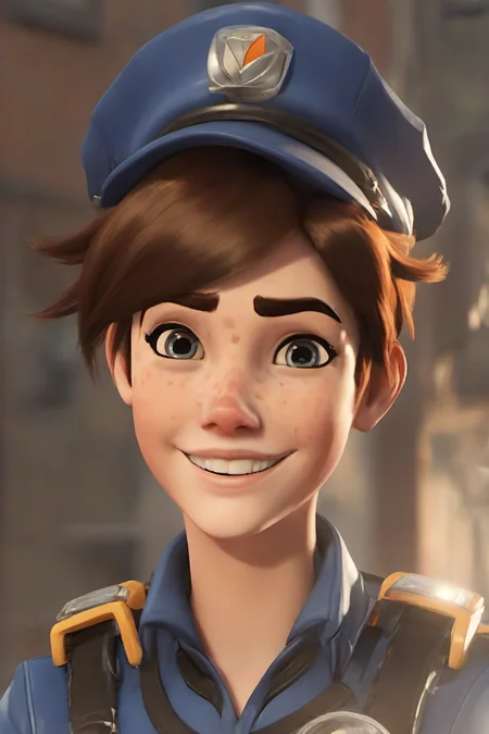 PETracerOW,<lora:PE_TracerOverWatch:1>,
portrait of tracer,smile,freckles,
wearing mailman uniform,