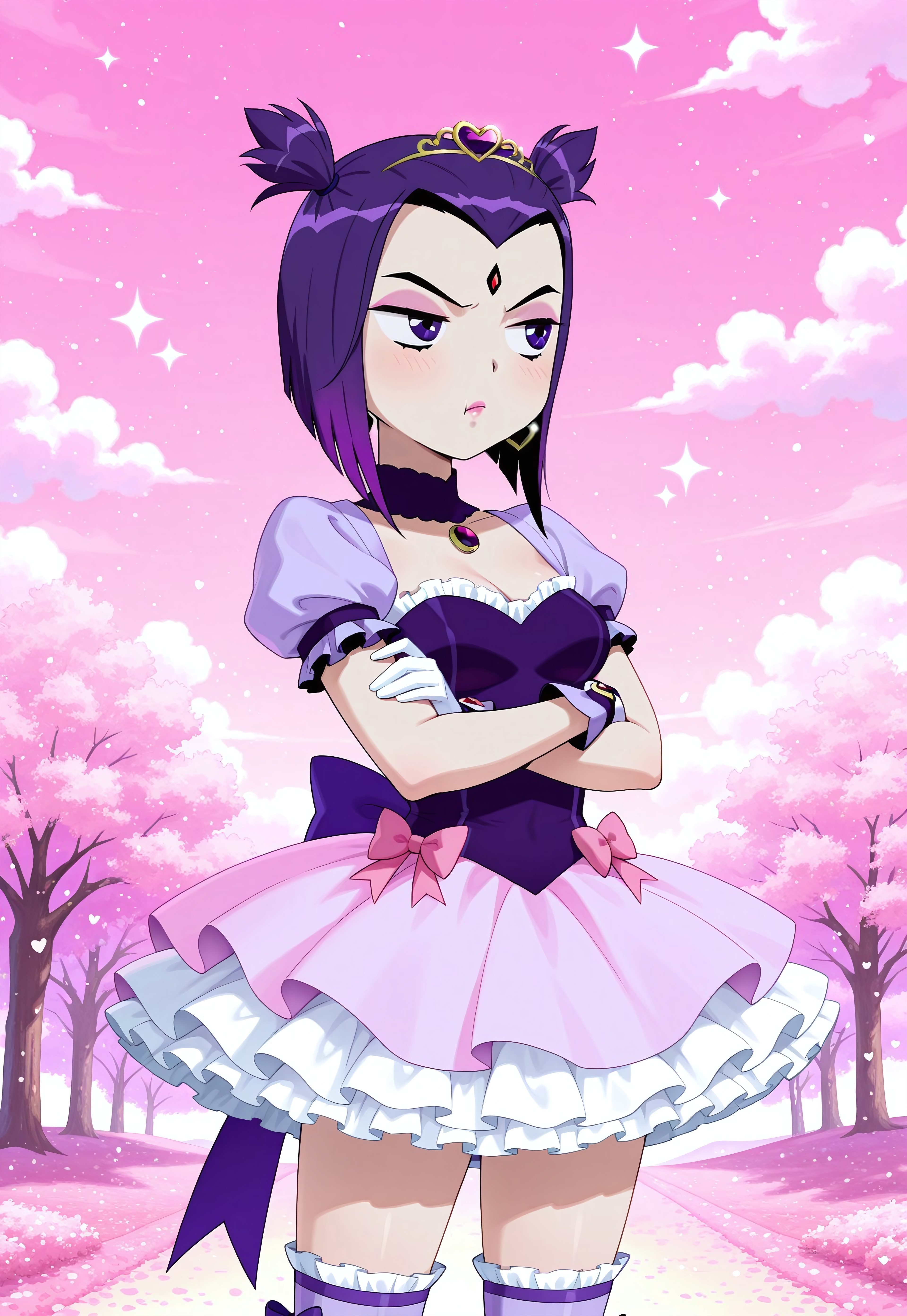 safe_pos, 1girl, Raven, purple eyes, purple hair, short hair, medium breasts, masterpiece, best quality, absurdres, girly twintails, gradient hair, multicolored hair, colored tips,
(pastel theme) magical girl, (pastel purple), bustier, magical girl dress, madoka dress, pastel colors, kawaii, frilled skirt, petticoat, thighhighs, puffy dress, puffy short sleeves, gloves, tiara hairband, gem brooch, bow, ribbons, lace trim, frills, frilled fabric, sparkles, glitter, heart earrings, heart accessories, jewelry, frilled boots,
lipstick, pink lips, long eyelashes, pink eyeshadow, light blush, makeup,  
outdoors, nature, clouds,
solo, cowboy shot, looking to the side, half-closed eyes, pouty lips, pout, :T, crossed arms, annoyed, eye twitch