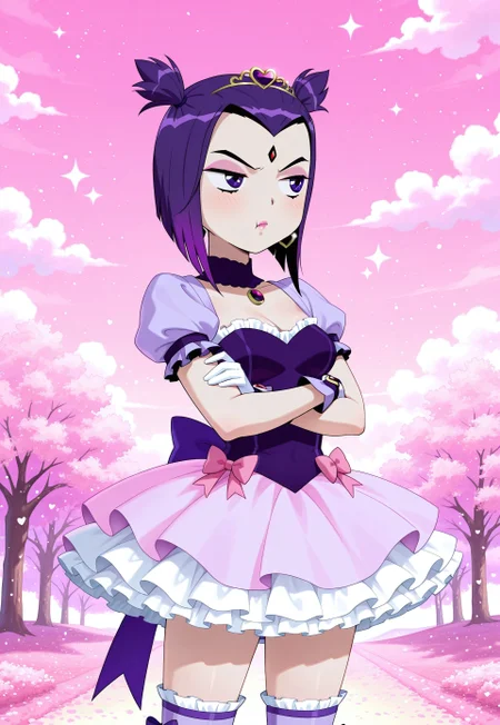 safe_pos, 1girl, Raven, purple eyes, purple hair, short hair, medium breasts, masterpiece, best quality, absurdres, girly twintails, gradient hair, multicolored hair, colored tips,
(pastel theme) magical girl, (pastel purple), bustier, magical girl dress, madoka dress, pastel colors, kawaii, frilled skirt, petticoat, thighhighs, puffy dress, puffy short sleeves, gloves, tiara hairband, gem brooch, bow, ribbons, lace trim, frills, frilled fabric, sparkles, glitter, heart earrings, heart accessories, jewelry, frilled boots,
lipstick, pink lips, long eyelashes, pink eyeshadow, light blush, makeup,
outdoors, nature, clouds,
solo, cowboy shot, looking to the side, half-closed eyes, pouty lips, pout, :T, crossed arms, annoyed, eye twitch