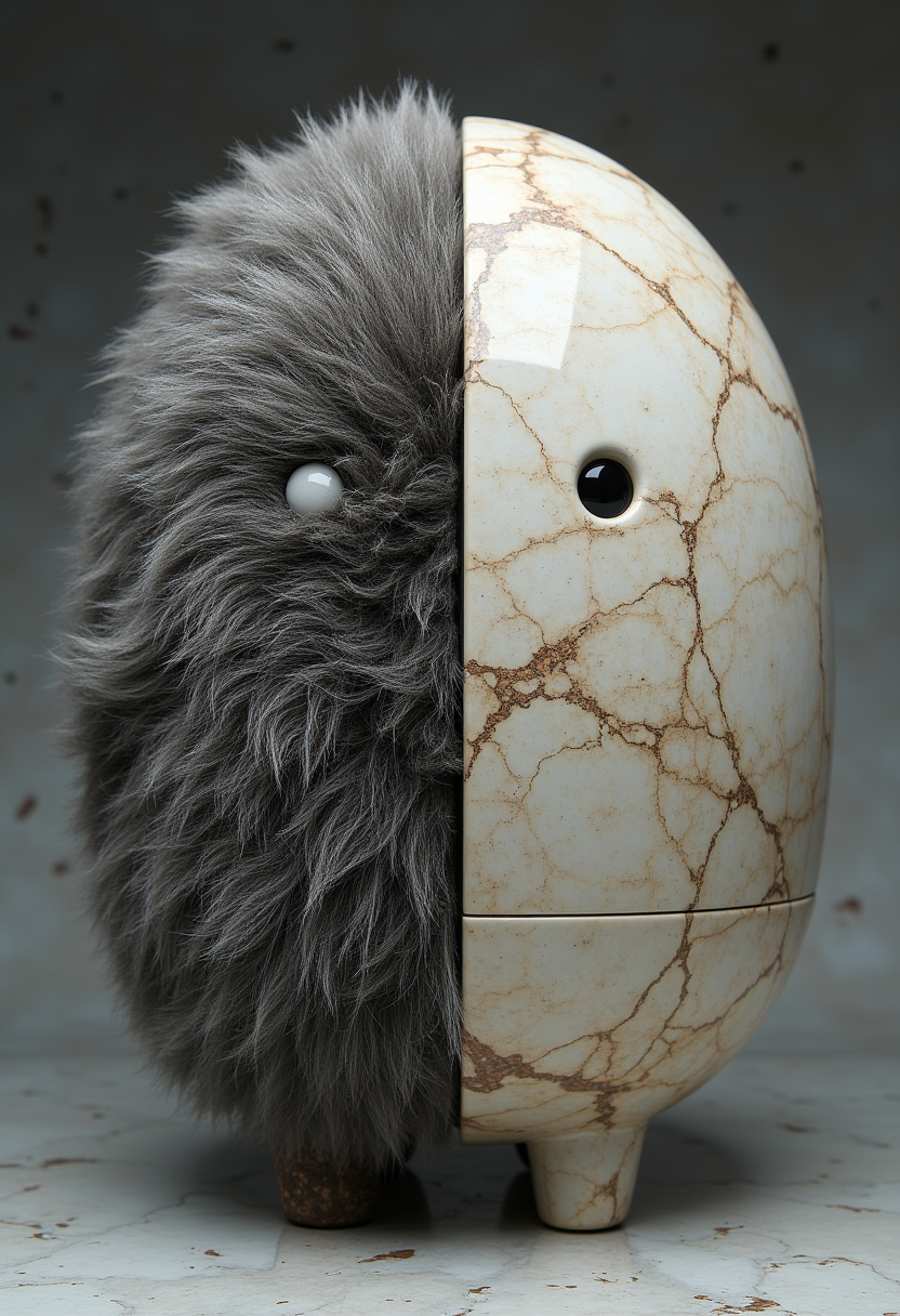 A masterpiece of creative style created by the collaboration of Simon Stålenhag and Masamune Shirow.        The main objects in the image are composed of different materials. The left side of the main object is made of fur, the right side of the main object is made of marble.    HD32K, hyperdetailed, best quality, aidmaMJ6.1.