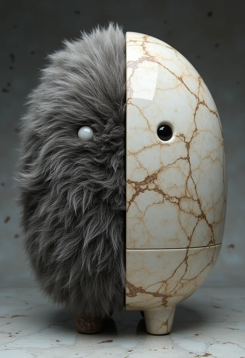 A masterpiece of creative style created by the collaboration of Simon Stålenhag and Masamune Shirow. The main objects in the image are composed of different materials. The left side of the main object is made of fur, the right side of the main object is made of marble. HD32K, hyperdetailed, best quality, aidmaMJ6.1.