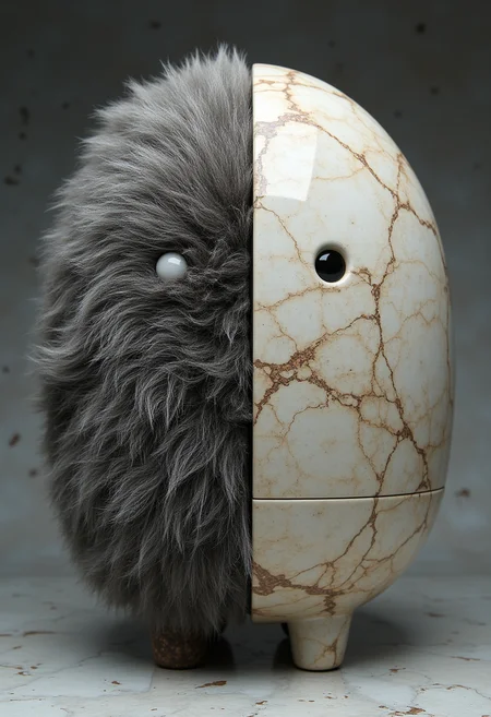 A masterpiece of creative style created by the collaboration of Simon StĂĄlenhag and Masamune Shirow. The main objects in the image are composed of different materials. The left side of the main object is made of fur, the right side of the main object is made of marble. HD32K, hyperdetailed, best quality, aidmaMJ6.1.