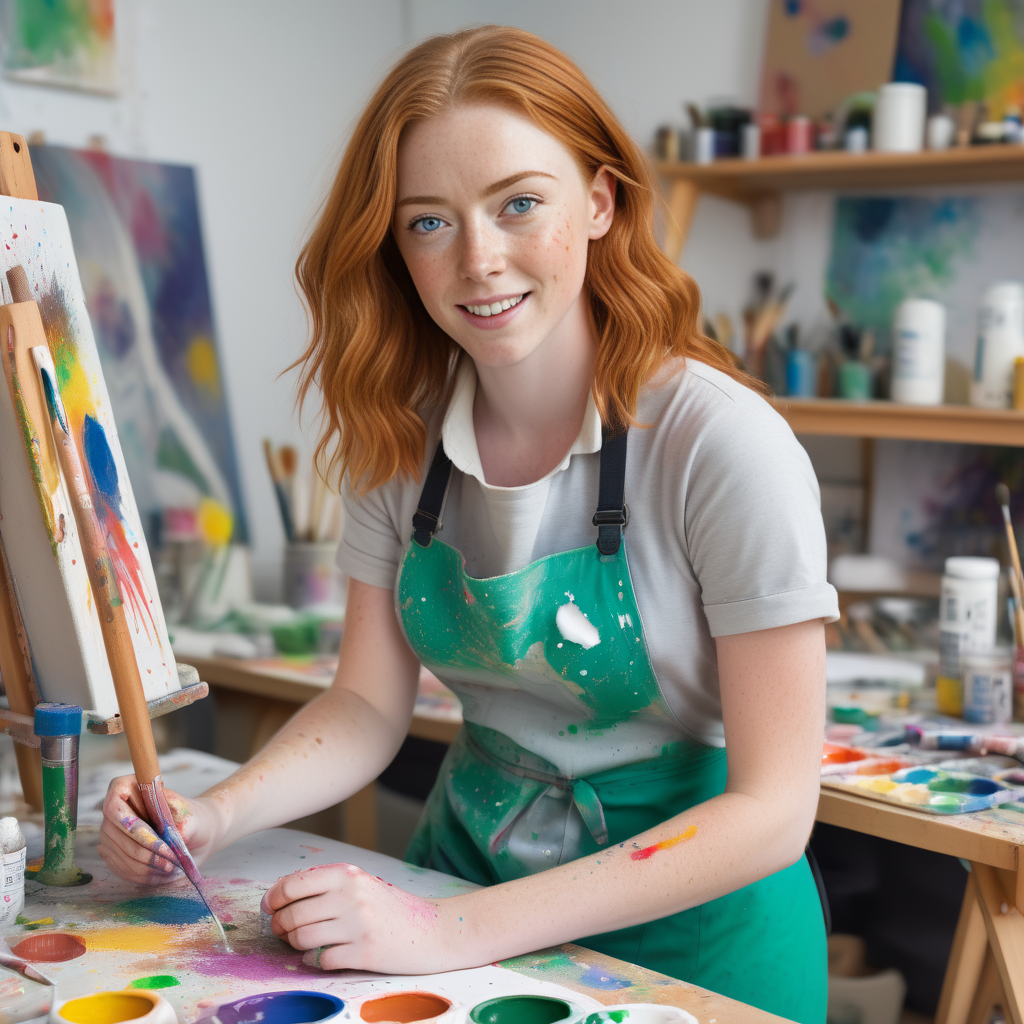 <lora:sophie-molgrin_xl:0.75> sophie-molgrin engaged in a creative activity in a bright, airy artistâs studio. Sheâs wearing a paint-splattered apron over casual clothes and is focused on a canvas in front of her. Her face shows concentration and joy, with colorful paint supplies and artworks displayed around the studio.