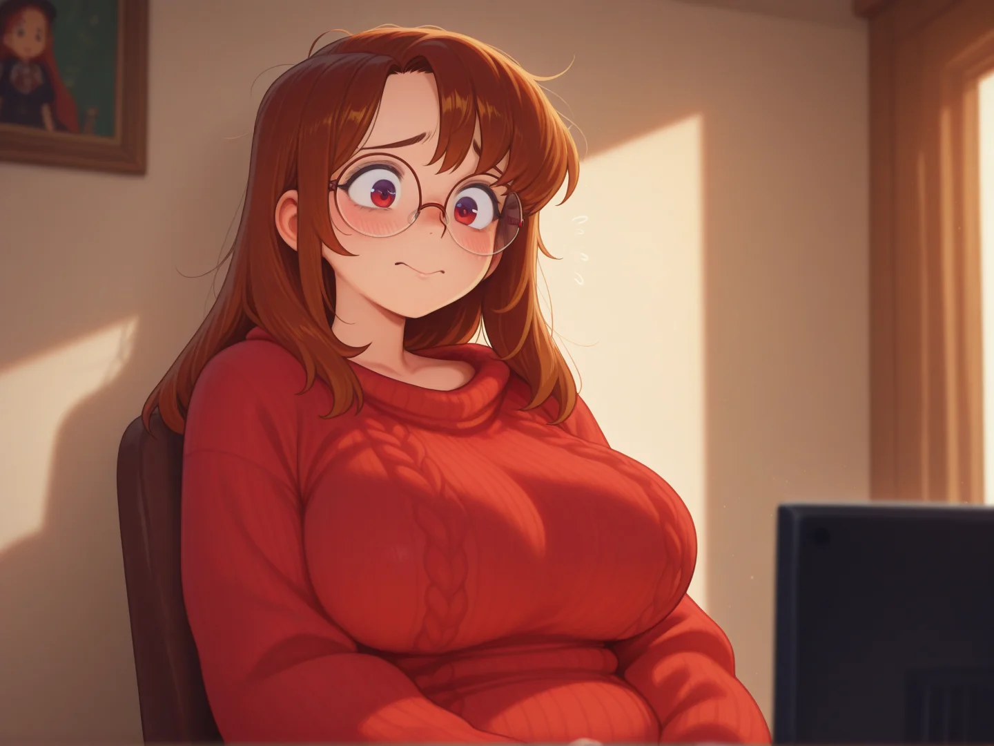 1girl, geek girl, oversized sweater, slouching in baggy slacks, large breasts hidden, plump figure, messy glasses, shy expression, untidy brown hair, soft lighting, quiet library setting
<lora:DarkfireStyle17:1>