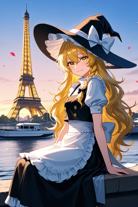 masterpiece, best quality, 1girl, solo, 21 year old model, eyelashes, (beautiful eyes), <lora:KirisameMarisaTouhouIXL:1.0>, zzMarisa, yellow eyes, hair between eyes, blonde hair, hair bow, long hair, very long hair, single braid, bow, braid, hat, witch hat, waist apron, short sleeves, black headwear, puffy sleeves, puffy short sleeves, hat bow, apron ,,, zzEiffelTower in background, sitting, watercraft, boat, sitting on wall, side view, looking at viewer, smile,,, blooming stars, luminescent petals, otherworldly fragrance blurry background, <lora:EiffelTowerIXL_v2:1.0>,