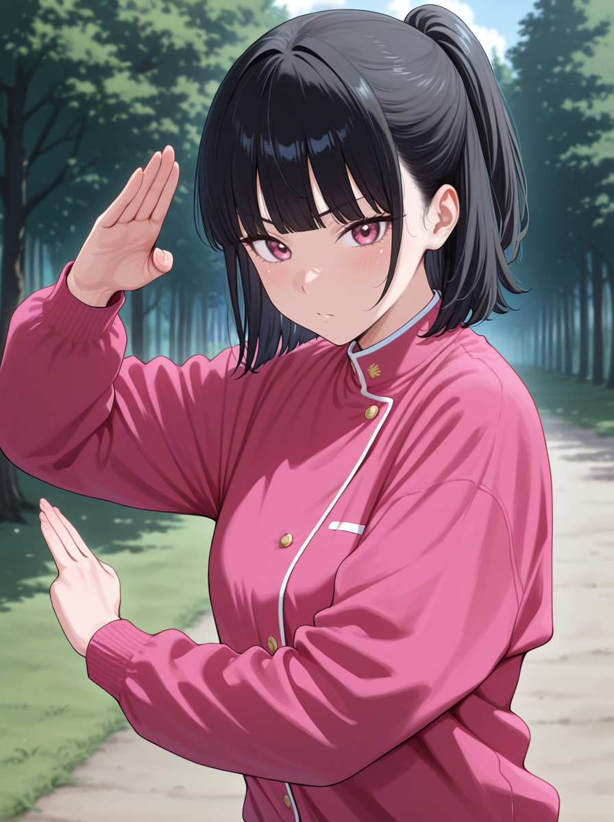 masterpiece, best quality, amazing quality, very aesthetic, absurdres, newest,shiny skin, anime screenshot,  <lora:Mikiillust:1>mikisecondsuit, solo, black hair, 1girl, tree,, , outdoors, looking at viewer, bangs, short hair pink jacket blunt bangs,  ponytail, fighting stance,