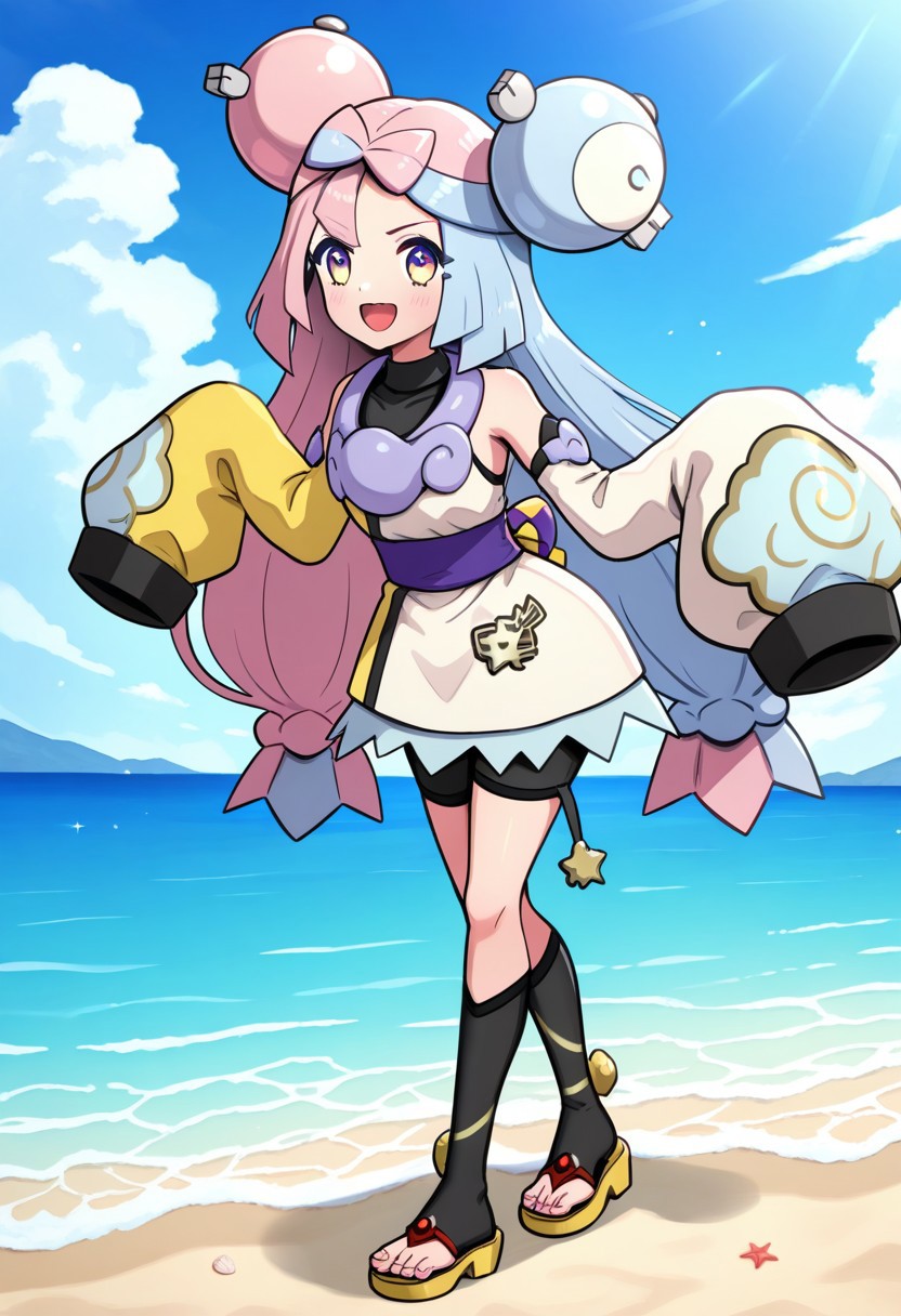 hinosaki, [[pokemoa, gonzarez]], 2d, masterpiece, best quality, amazing quality, 1girl, solo, close-up, standing, open mouth, full body, smile, looking at viewer, colorful background,walking, day, beach, sand, sea, sky, clouds, sunny day, leaning forward, feet in water,sygiono, def colors, purple hair, blue hair, purple eyes, bow-shaped hair, low-tied long hair, character hair ornament, black shirt, sleeveless dress, two-tone dress, (white dress), [yellow dress], detached sleeves, yellow sleeves, white sleeves, purple collar, bare shoulders, sleeves past fingers, oversized clothes, purple sash, black shorts, toeless legwear, black legwear, kneehighs, sandals, yellow footwear