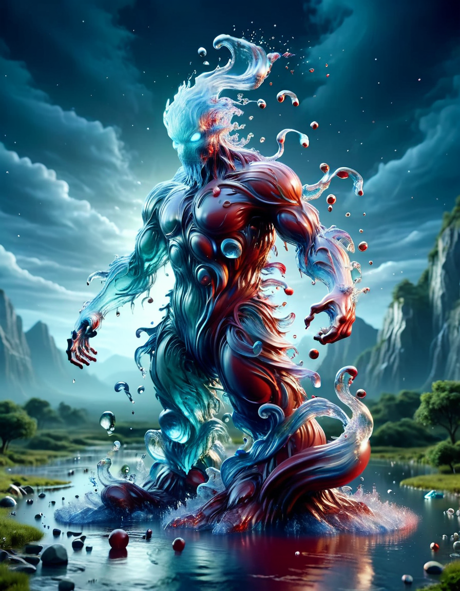 watce, water elemental bloody red water a fight between monsters <lora:watce-sdxl-v2:1>