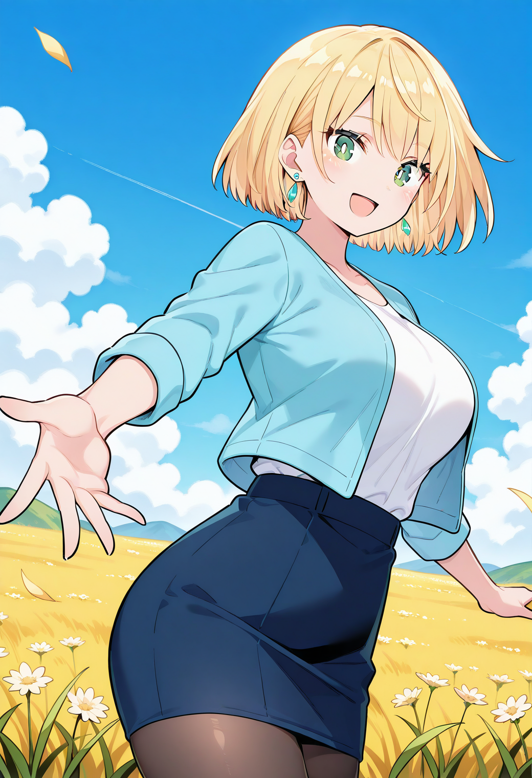 takinami_remon, bright pupils, white pupils, green eyes, blonde hair, short hair, earrings, light blue jacket, shirt, pencil skirt, blue skirt, pantyhose, <lora:takinami_remon_illustrious_ver1:0.8>
smile,, masterpiece, best quality, general,, 1girl, solo, (field:1.2), (blue sky:1.2), looking at viewer,, (cowboy shot, dynamic pose:1.4),