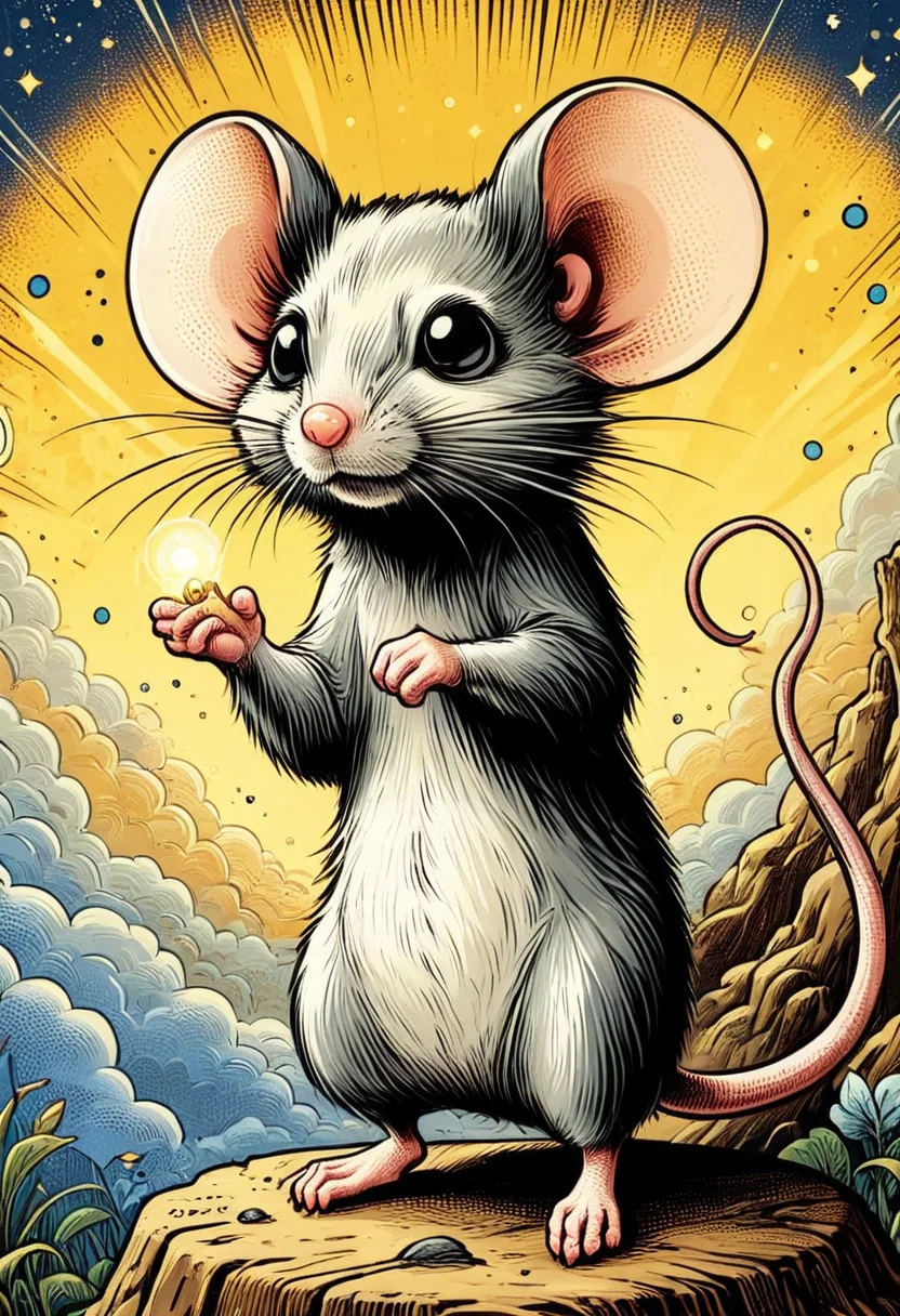 A standing mouse, in a mystic world setting, comic, mobe-90c0m, <lora:RetFutCom-V1:0.90>,