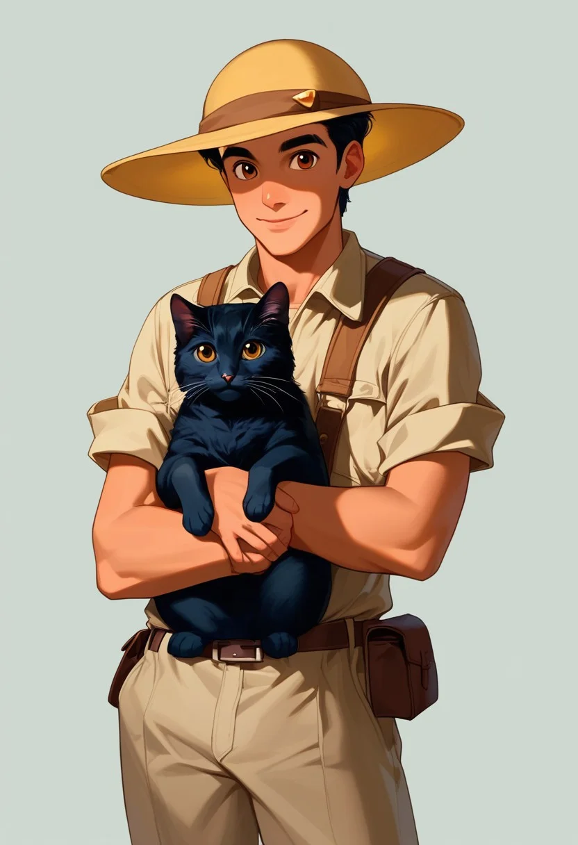 score_9, score_8_up, score_7_up, Casgas, BREAK, 1boy, man, young, smile, closed mouth, dark skin, black skin, brown eyes, black hair, short hair, yellow hat with brown strap, explorer hat, safari hat, adventure Hat, ZooKeeper hat, blue T-shirt with a white pattern, light brown pants, brown belt with a silver buckle, BREAK right hand holding a green small package, paw pattern in the middle of the package, pink crystals in the package, left hand bent into a fist, standing, cowboy shot, semi-sideways, half-sideways, looking at viewer, BREAK simple background, gray gradient background