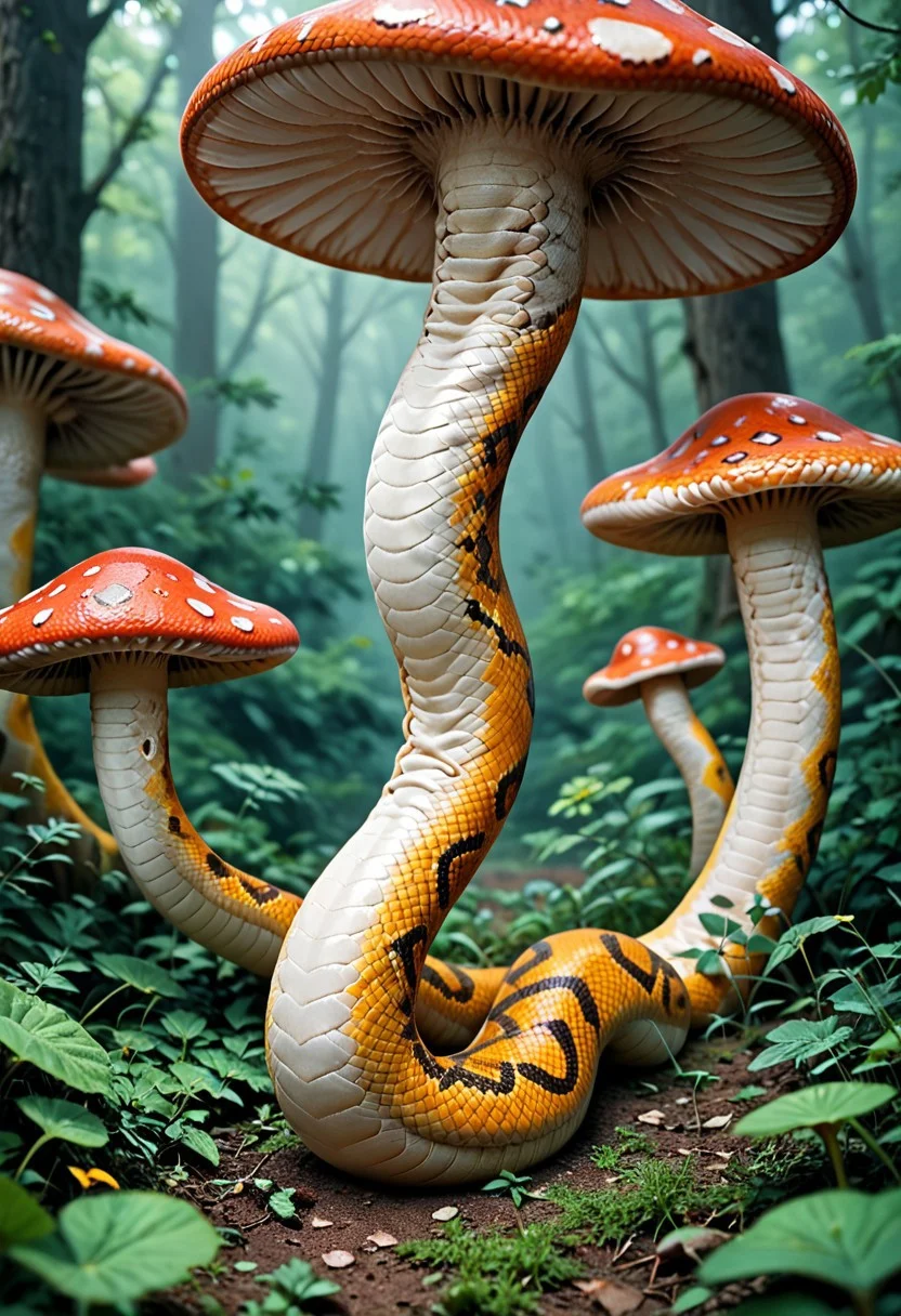 score_9, score_8_up, score_7_up, realistic, a giant mushroom monster, snake_hybrid