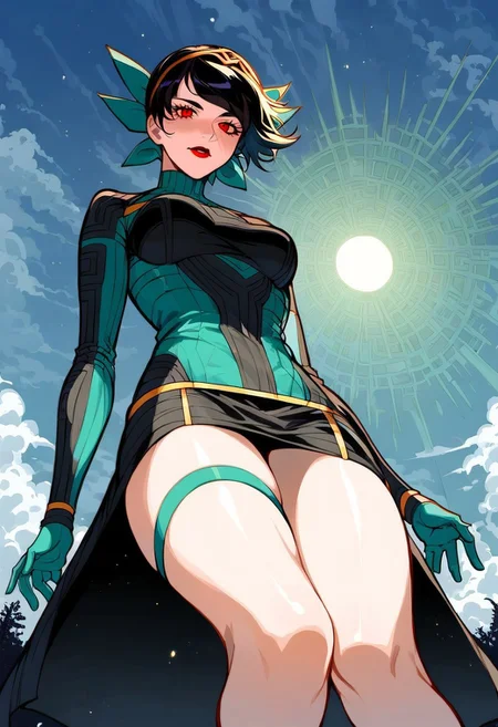 1girl, solo, female focus, full body panagiayokosmtvv, short hair, black hair, swept bangs, headband, red eyes, red lipstick, turtleneck, bodysuit, skirt, green gloves, thigh strap,,,yellow field, dark deep blue sky, evening. dynamic body shot, sky, clouds, blacklight, dappled light,dappled sunlight, low angle view, pov, lower body out of frame, <lora:sxz-Slavic-Fantasy-pdxl:0.75>, BREAK, score_8_up, score_7_up, Expressiveh, slavic,kanekostyle, lipstick, eye shadow, eyelashes