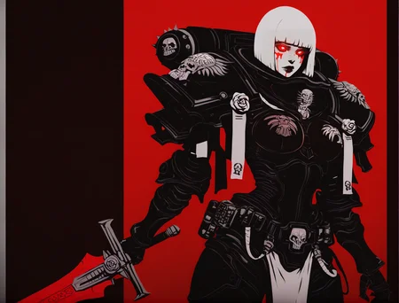 masterpiece, best quality, cyborg, bone, red theme, dark theme, limited color palette, lineart, cyberpunk, white hair, red eyes, glowing eyes, horror \(theme\), metal, abstract background
edgAdepta, 1girl, solo,bob cut, weapon, white hair,one handed sword, lips, blood, rose, gauntlets, skull ,wearing edgAdepta,power armor,pauldrons,skull emblem, <lora:edgIllustriousXLAdeptaSororitas-000004:0.85>
<lora:edgIllustriousXL_Flatstylelr:1>